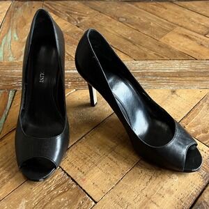 Enzo Angiolini Black Leather Peep Toe Heels Dress Shoes Stiletto‎ Size 6M